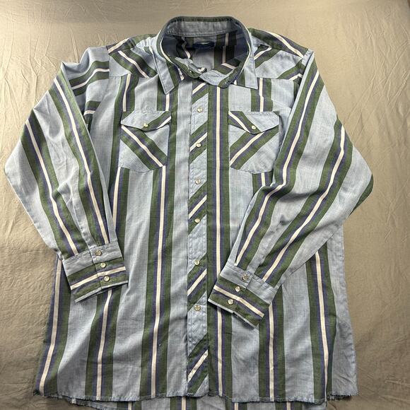 Vintage Wrangler Western Pearl Snap Shirt Mens XLT Tall Vertical Striped Green - Picture 7 of 14